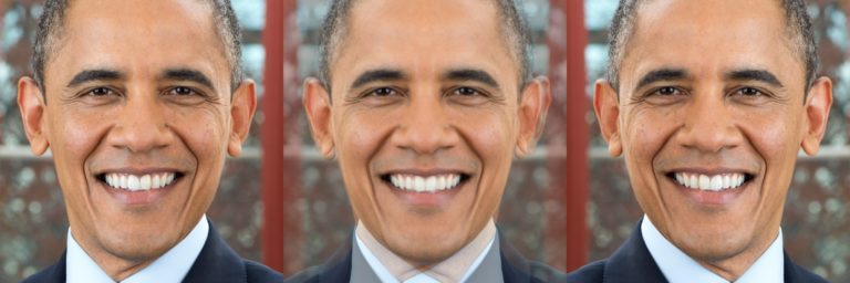 Рисунок 10— Симметричный президент Обама (в центре) полученный усреднением его фотографии (слева) с его же зеркальным отражением (справа)