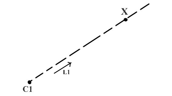 Рисунок 1. Определение местоположения трехмерной точки (X) на неизвестной глубине с помощью одной известной трехмерной точки (C1) и вектора направления (L1).