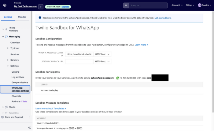 Рабочая панель песочницы Twilio для Whatsapp